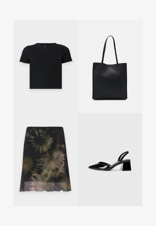 Fekete, rövid ujjú póló, puha pamutból készült. Kerek nyakkivágással és testhezálló kialakítással rendelkezik. Sima textúra, minta vagy díszítések nélkül.; Térd hosszúságú szoknya sötét tye-dye mintával fekete, barna és bézs árnyalatokban, enyhe fodros kialakítással és áttetsző alsó szegéllyel.; Fekete lakk bőr szandálkés magas sarkú cipő, hegyes orral és geometrikus tömbsarkakkal. Karcsú, minimalista dizájn és sima textúra jellemzi.; Fekete bőrtáska sima felszínnel, téglalap alakú, két hosszú füllel. Nincs látható fémkiegészítő vagy díszítés.