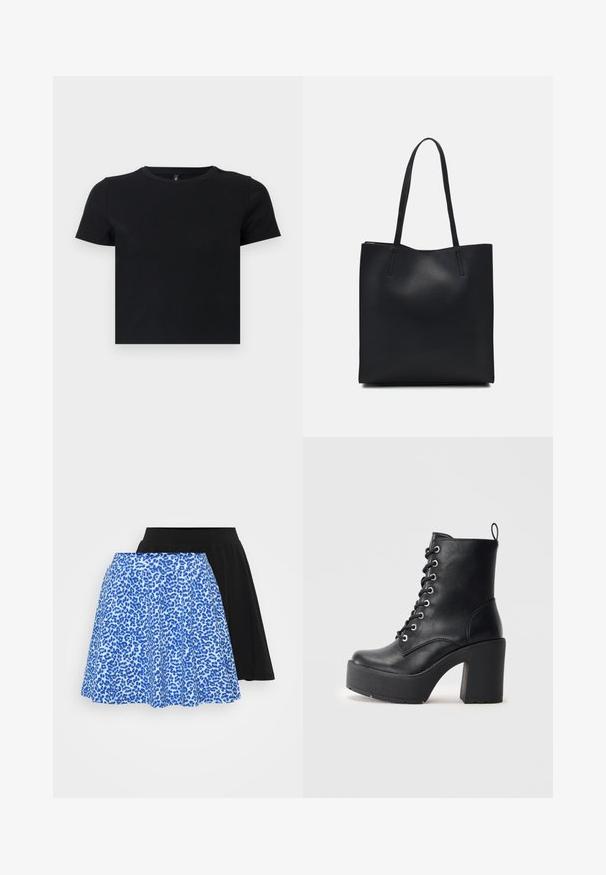 T-shirt preto de manga curta feito de algodão suave. Apresenta um decote redondo e um design ajustado. Textura suave sem padrões ou detalhes.; Duas saias: uma azul com um padrão de estampa de leopardo e uma preta lisa, ambas com um design evasé e tecido suave.; Botim de pele preta até ao tornozelo com um salto bloco chunky, frente com atacadores e superfície texturizada. Apresenta uma lingueta na parte de trás para um uso fácil.; Bolsa tote preta em couro com textura lisa, forma retangular e duas alças longas. Sem hardware ou enfeites visíveis.
