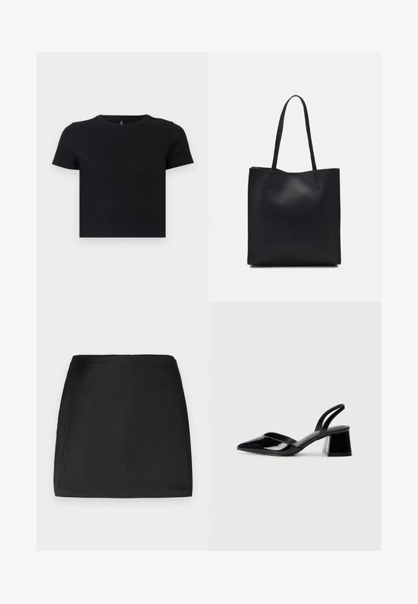 Tricou negru cu mânecă scurtă, fabricat din bumbac moale. Dispune de un guler rotund și un design ajustat. Textură netedă, fără modele sau accente.; Fustă mini neagră, textură netedă, croială dreaptă, fără încheieturi sau embellishments vizibile, nevoită, design minimalist.; Pantofi cu toc slingback din piele lacuită neagră, cu vârf ascuțit și toc geometric. Prezintă un design elegant, minimalist și o textură netedă.; Geantă tote neagră din piele, cu textură netedă, formă rectangulară și două mânere lungi. Fără hardware vizibil sau ornamente.