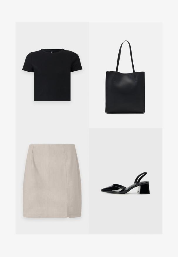 Melnas īsām piedurknēm T-krekls, kas izgatavots no mīkstas kokvilnas. Ievietota apaļa kakla izgriezums un pieguļošs dizains. Gluda tekstūra bez rakstiem vai akcensiem.; Bežs zīmuļu svārki ar svītrotu tekstūru, taisnu griezumu un sānu šķēlumu, kas nodrošina papildu kustību. Izgatavoti no viegla auduma.; Melna lakota āda ar atvērto papēdi, ar smailu purngalu un ģeometrisku blokpapēdi. Iezīmējas elegants, minimāls dizains un gluda tekstūra.; Melnas ādas somiņa ar gludu tekstūru, taisnstūra formu un divām garām rokturiem. Nav redzamu aparatūras vai rotājumu.