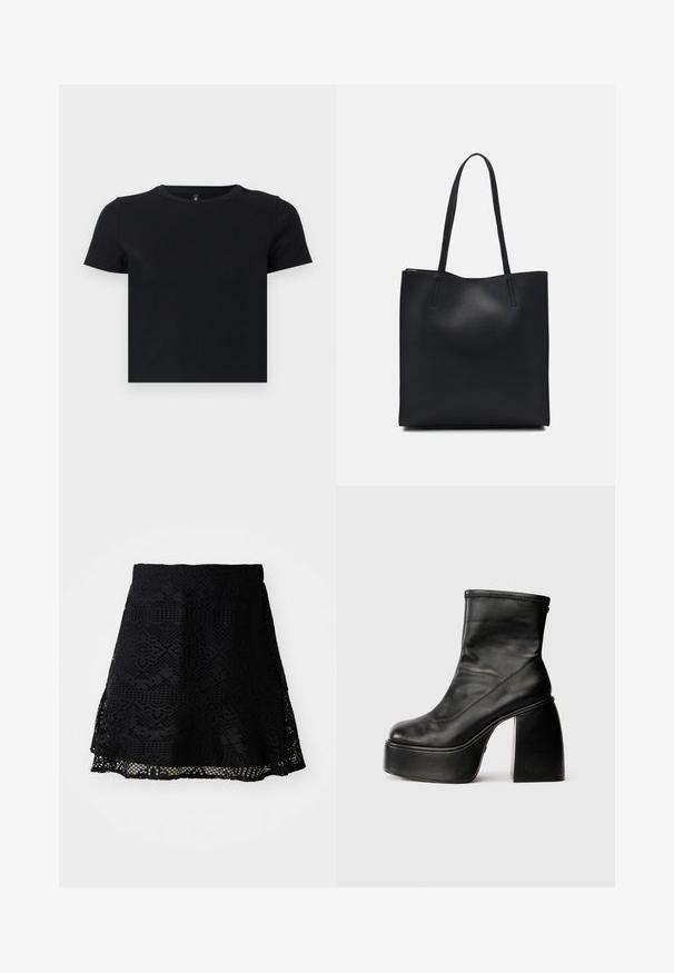 Čierne tričko s krátkym rukávom vyrobené z mäkkého bavlneného materiálu. Má okrúhly výstrih a priliehavý strih. Hladká textúra bez vzorov alebo akcentov.; Čierna čipkovaná sukňa s intricátnymi geometrickými vzormi, zvonovým strihom a elastickým pásom. Obsahuje vrstvený lem pre dodatočnú dimenziu.; Čierne kožené členkové topánky s okrúhlou špičkou, hladkou textúrou a výrazným blokovým podpätkom. Obsahujú bočný zips. Minimalistický dizajn.; Čierna kožená taška na rameno s hladkým povrchom, obdĺžnikovým tvarom a dvoma dlhými uchami. Bez viditeľného kovania alebo ozdôb.