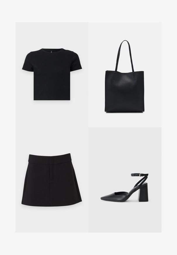 Čierne tričko s krátkym rukávom vyrobené z mäkkého bavlneného materiálu. Má okrúhly výstrih a priliehavý strih. Hladká textúra bez vzorov alebo akcentov.; Čierna sukňa s priliehavým pásom, skladaným dizajnom a skrytými bočnými vreckami. Vyrobená z ľahkej látky s hladkou textúrou.; Čierne kožené lodičky s špicatou špičkou a členkovým remienkom, s masívnym podpätkom. Hladký povrch, elegantný dizajn a minimalistická estetika.; Čierna kožená taška na rameno s hladkým povrchom, obdĺžnikovým tvarom a dvoma dlhými uchami. Bez viditeľného kovania alebo ozdôb.