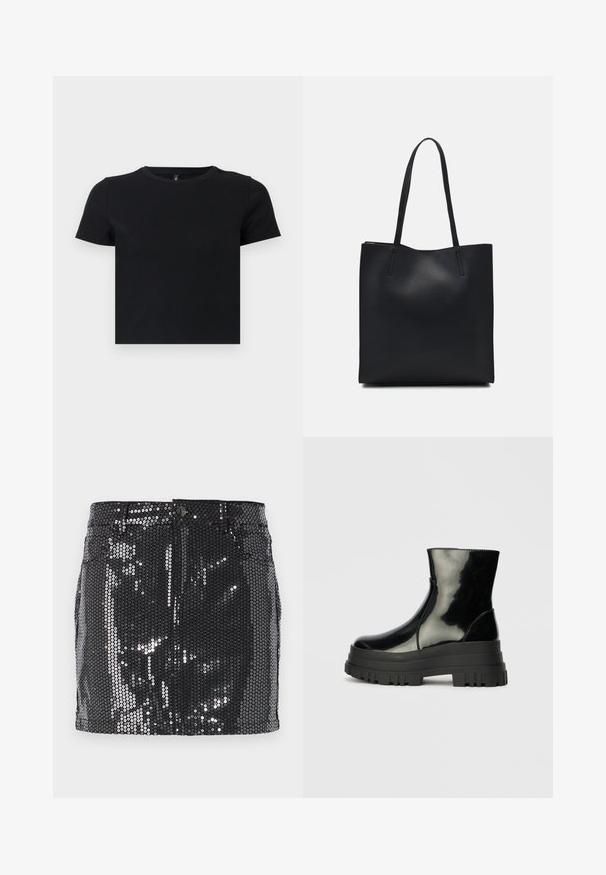 Black short-sleeve t-shirt made from soft cotton. Features a round neckline and a fitted design. Smooth texture without patterns or accents.; Black sequin mini skirt with a fitted design, button closure, and an all-over shiny texture reflecting light. Straight hem and functional pockets.; Black glossy ankle boot with thick lug sole and rounded toe, side view on plain light gray background.; Black leather tote bag with smooth texture, rectangular shape, and two long handles. No visible hardware or embellishments.