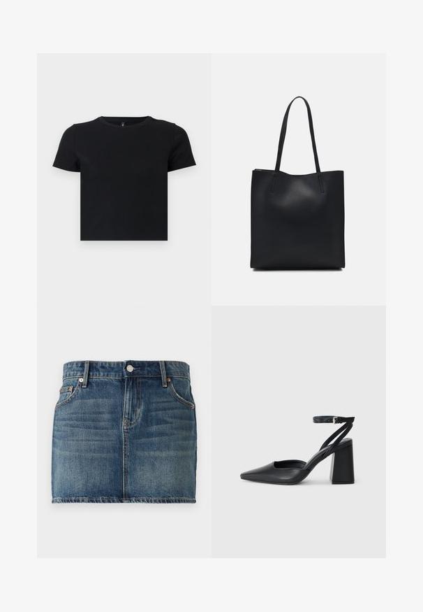 Camiseta negra de manga corta hecha de algodón suave. Presenta un escote redondo y un diseño ajustado. Textura lisa sin patrones ni acentos.; Minifalda de denim en azul oscuro con diseño de cinco bolsillos, cierre de botón y costuras visibles. Textura suave con ligero desgaste.; Zapato de tacón puntiagudo de cuero negro con tira en el tobillo y tacón ancho. Textura plana, diseño elegante y estética minimalista.; Bolso tote de cuero negro con textura lisa, forma rectangular y dos asas largas. Sin herrajes ni adornos visibles.