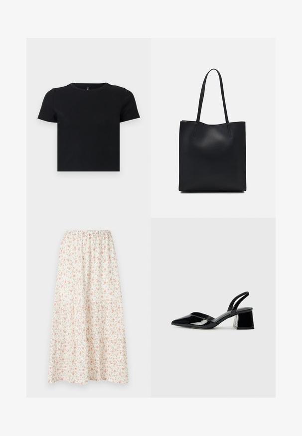 Black short-sleeve t-shirt made from soft cotton. Features a round neckline and a fitted design. Smooth texture without patterns or accents.; Floral midi skirt featuring a white background with pink and green flowers, elastic waistband, and tiered design for added volume.; Black patent leather slingback heels with a pointed toe and a geometric block heel. Features a sleek, minimal design and smooth texture.; Black leather tote bag with smooth texture, rectangular shape, and two long handles. No visible hardware or embellishments.