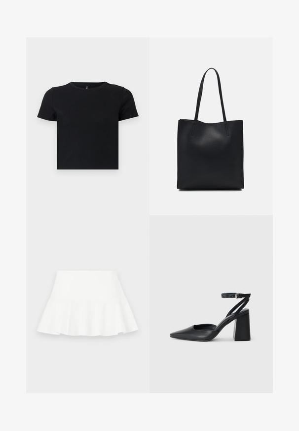 Crna majica s kratkim rukavima napravljena od mekanog pamuka. Ima okrugli izrez i pripijen kroj. Glatka tekstura bez uzoraka ili naglasaka.; Bijela suknja s razbačanim rubom ima naborani rub, glatku teksturu i elastičnu stranicu. Materijal se čini laganim i prozračnim.; Crne kožne cipele s špicastim vrhom, remenom oko gležnja i debelim potplatom. Ravna tekstura, elegantan dizajn i minimalistička estetika.; Crna kožna torba za nošenje s glatkom teksturom, pravokutnim oblikom i dvije duge ručke. Nema vidljivih metalnih dijelova ili ukrasa.