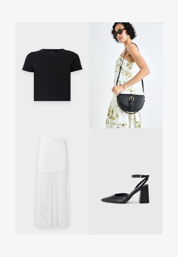 Čierne tričko s krátkym rukávom vyrobené z mäkkého bavlneného materiálu. Má okrúhly výstrih a priliehavý strih. Hladká textúra bez vzorov alebo akcentov.; Biela čipkovaná maxi sukňa s kvetinovým vzorom, disponujúca priliehavým pásom a splývavou, polopriesvitnou dolnou časťou. Textúrovaný materiál.; Čierne kožené lodičky s špicatou špičkou a členkovým remienkom, s masívnym podpätkom. Hladký povrch, elegantný dizajn a minimalistická estetika.; Čierna kožená kabelka s zaobleným tvarom, odnímateľným popruhom a zlatými doplnkami. Kabelka má klopu s detailom s prackou.