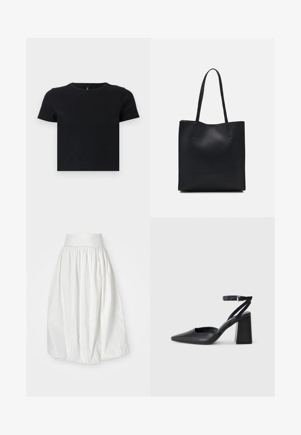 Fekete, rövid ujjú póló, puha pamutból készült. Kerek nyakkivágással és testhezálló kialakítással rendelkezik. Sima textúra, minta vagy díszítések nélkül.; Fehér midi szoknya könnyű anyagból, magas, ráncolt derékkal és dús, szellős siluettel, finom textúrával.; Fekete bőr, hegyes orrú magassarkú cipő boka pánttal és vastag sarokkal. Sima textúra, elegáns dizájn és minimális esztétika.; Fekete bőrtáska sima felszínnel, téglalap alakú, két hosszú füllel. Nincs látható fémkiegészítő vagy díszítés.
