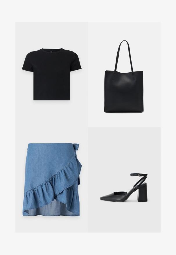 Čierne tričko s krátkym rukávom vyrobené z mäkkého bavlneného materiálu. Má okrúhly výstrih a priliehavý strih. Hladká textúra bez vzorov alebo akcentov.; Džínová sukňa s lemom v svetlom odtieni modrej, s volánovým lemom a viazaním v oblasti pása. Hladká textúra a splývavý strih.; Čierne kožené lodičky s špicatou špičkou a členkovým remienkom, s masívnym podpätkom. Hladký povrch, elegantný dizajn a minimalistická estetika.; Čierna kožená taška na rameno s hladkým povrchom, obdĺžnikovým tvarom a dvoma dlhými uchami. Bez viditeľného kovania alebo ozdôb.