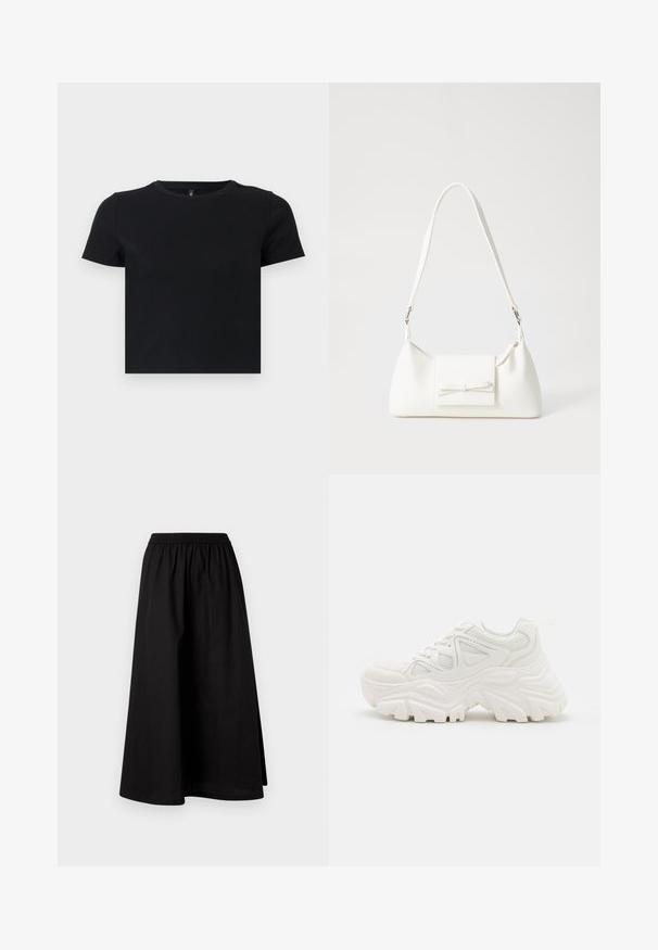 Melnas īsām piedurknēm T-krekls, kas izgatavots no mīkstas kokvilnas. Ievietota apaļa kakla izgriezums un pieguļošs dizains. Gluda tekstūra bez rakstiem vai akcensiem.; Melna, ceļgalu garuma svārki, izgatavoti no viegla materiāla, ar elastīgu jostu un brīvu A formas siluetu. Uzskatāmi raksti nav redzami.; Baltas masīvkājas sporta apavi ar strukturētu virsu, sieta paneļiem un biezu gumijas zoli ar izteiktu protektora rakstu. Iekļautas auklas un cilpa uzvilkšanai.; Balta sintētiska soma ar trīsstūrveida formu, plakanu priekšējo vāciņu un loku detaļu, regulējamu siksnu, gludu tekstūru un minimālistisku dizainu.