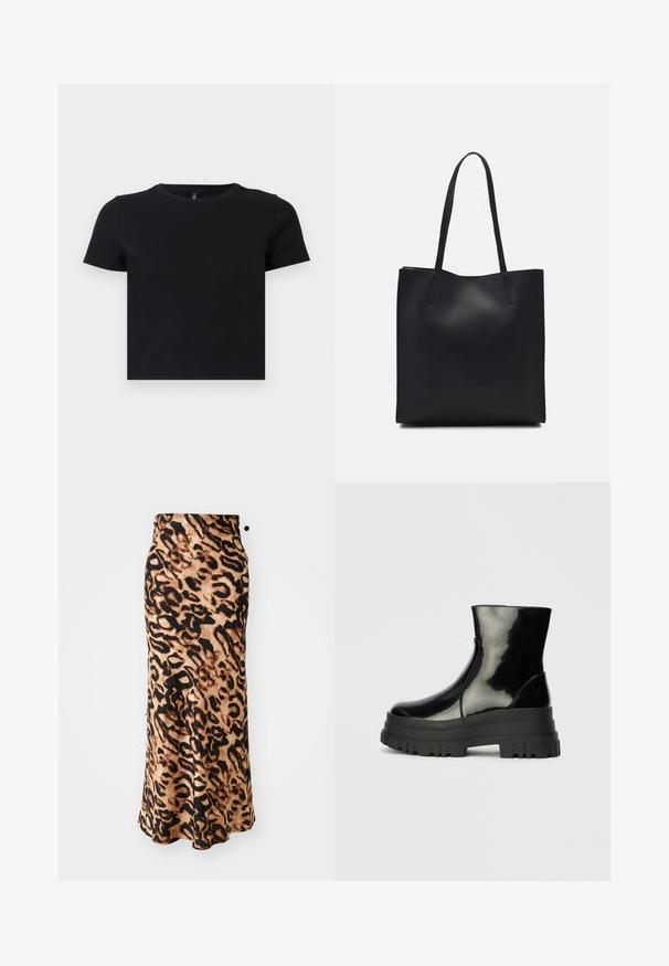 T-shirt preto de manga curta feito de algodão suave. Apresenta um decote redondo e um design ajustado. Textura suave sem padrões ou detalhes.; Saia maxi com padrão de leopardo, com cintura ajustada, feita de tecido macio, apresentando tons de castanho e preto, numa silhueta fluida em A.; Bota de tornozelo preta e brilhante com sola grossa e arredondada, vista lateral sobre fundo cinza claro.; Bolsa tote preta em couro com textura lisa, forma retangular e duas alças longas. Sem hardware ou enfeites visíveis.