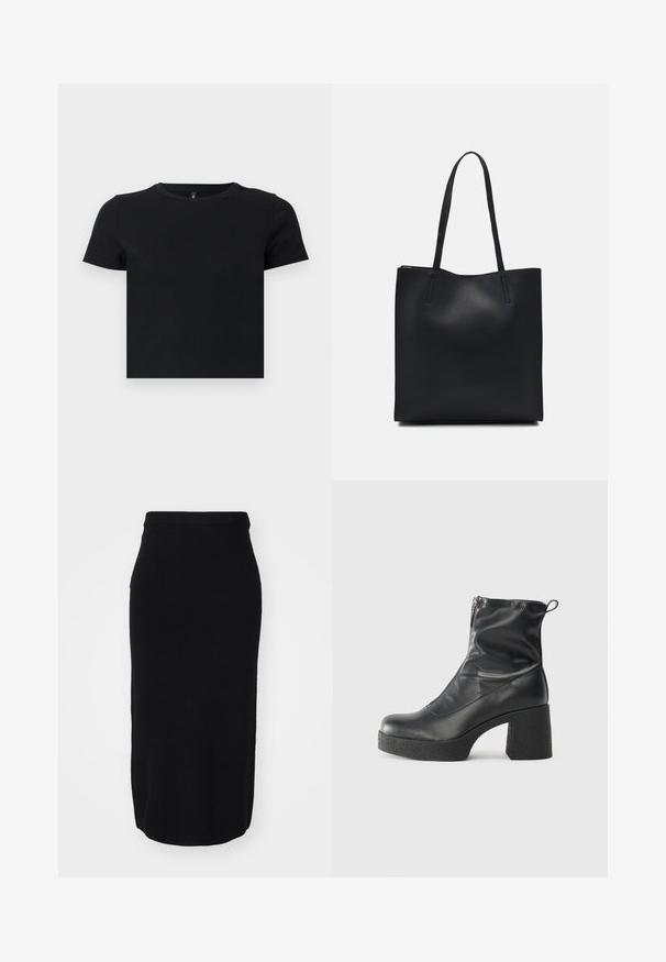 Črna majica s kratkimi rokavi, izdelana iz mehke bombažne tkanine. Ima okroglo ovratnico in oprijet kroj. Gladka tekstura brez vzorcev ali dodatkov.; Črna krila do kolen, izdelana iz mehke tkanine, z fitted obliko in širokim, elastičnim pasom za udobje in enostavno nošenje.; Črne gležnjarje iz gladke kože z božnim zadrgo, masivnim teksturiranim peto in zaobljeno obliko prstov.; Črna usnjena torba s svilnato teksturo, pravokotne oblike in dvema dolgima ročajema. Brez vidnih metalnih delov ali okrasnih elementov.