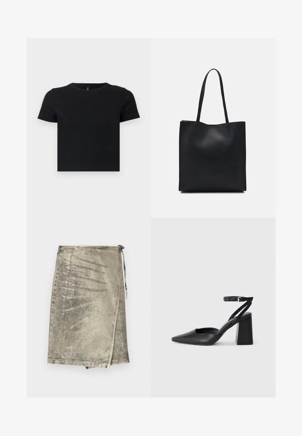 T-shirt preto de manga curta feito de algodão suave. Apresenta um decote redondo e um design ajustado. Textura suave sem padrões ou detalhes.; Saia envolvente de denim em dourado metálico. Apresenta um fecho com laço, bainha desigual e uma textura subtil com uma aparência ligeiramente desgastada.; Sandal com biqueira afilada em couro preto, com cinta no tornozelo e salto grosso. Textura lisa, design elegante e estética minimalista.; Bolsa tote preta em couro com textura lisa, forma retangular e duas alças longas. Sem hardware ou enfeites visíveis.