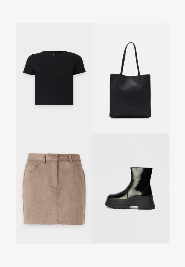 Juoda trumpomis rankovėmis marškinėliai, pagaminti iš švelnios medvilnės. Turi apvalų kaklą ir prigludusį dizainą. Lygi tekstūra be raštų ar akcentų.; Šviesiai rudos zomšos mini sijonas su tiesiu kirpimu, priekyje užsegamas sagomis, su penkiomis kišenėmis ir diržo kilpomis; minkšta tekstūra ir lygi paviršius.; Juodas blizgus kulkšninis botas su storu iškilniu padu ir apvaliu pirštu, šoninis vaizdas ant vientiso šviesiai pilko fono.; Juodas odinis tote krepšys su lygia tekstūra, stačiakampio formos ir dviem ilgais rankenomis. Matomų metalinių detalių ar puošybos nėra.