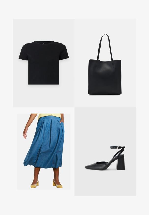 Juoda trumpomis rankovėmis marškinėliai, pagaminti iš švelnios medvilnės. Turi apvalų kaklą ir prigludusį dizainą. Lygi tekstūra be raštų ar akcentų.; Denim midi sijonas su klostėmis, turi aukštą juosmenį ir šonines kišenes, vidutinio mėlynumo atspalvio, su glotnia tekstūra.; Juoda odinė smailiagalė aukštakulnio bateliai su kulkšnies dirželiu ir storu kulnu. Lygus paviršius, elegantiškas dizainas ir minimalistiška estetinė. ; Juodas odinis tote krepšys su lygia tekstūra, stačiakampio formos ir dviem ilgais rankenomis. Matomų metalinių detalių ar puošybos nėra.
