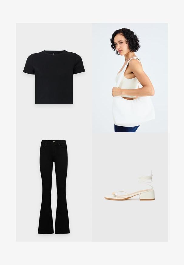 Black short-sleeve t-shirt made from soft cotton. Features a round neckline and a fitted design. Smooth texture without patterns or accents.; Black flared jeans made of denim. Features a button closure, five pockets, and a smooth texture. The flared leg starts below the knee.; White heeled sandals with a square heel, thin straps, and a round accent. Features a textured sole and a coiled lace detail at the ankle.; White shoulder bag made of smooth material, featuring an oval cutout and wide strap design. Simple and modern with no visible hardware.