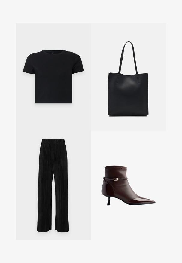 Melnas īsām piedurknēm T-krekls, kas izgatavots no mīkstas kokvilnas. Ievietota apaļa kakla izgriezums un pieguļošs dizains. Gluda tekstūra bez rakstiem vai akcensiem.; Melni plīšu bikses ar elastīgu jostu. Tām ir platākas kājas un gluda, teksturēta auduma ar vertikālām svītrām.; Brūnas ādas potīšu zābaki ar smailu purngalu, nelielu kaķa papēdi un plānu jostu ar mazu zelta sprādzi ap potīti.; Melnas ādas somiņa ar gludu tekstūru, taisnstūra formu un divām garām rokturiem. Nav redzamu aparatūras vai rotājumu.