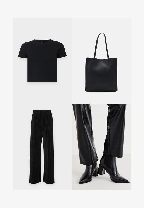 Camiseta negra de manga corta hecha de algodón suave. Presenta un escote redondo y un diseño ajustado. Textura lisa sin patrones ni acentos.; Pantalones negros de pliegues con una cintura elástica. Presentan piernas anchas y una tela suave y texturada con rayas verticales.; RAID NEMMA - Botines - black metallic; Bolso tote de cuero negro con textura lisa, forma rectangular y dos asas largas. Sin herrajes ni adornos visibles.