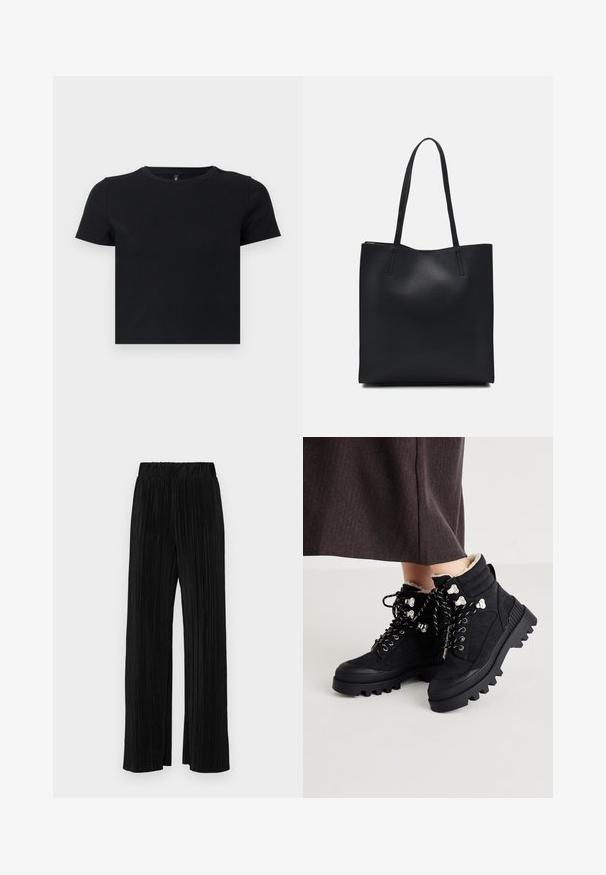 Crna majica s kratkim rukavima napravljena od mekanog pamuka. Ima okrugli izrez i pripijen kroj. Glatka tekstura bez uzoraka ili naglasaka.; Crne plisirane hlače s elastičnim pojasom. Imaju široke nogavice i glatku, teksturiranu tkaninu s vertikalnim prugama.; Crne gležnjače s teksturiranim sueded gornjim dijelom, debelim gumennim potplatom, metalnim rupama za vezivanje i kontrastnim vezicama za sigurno učvršćenje. Vidljiva krznena podstava.; Crna kožna torba za nošenje s glatkom teksturom, pravokutnim oblikom i dvije duge ručke. Nema vidljivih metalnih dijelova ili ukrasa.