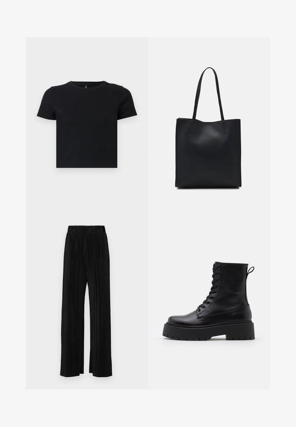 Black short-sleeve t-shirt made from soft cotton. Features a round neckline and a fitted design. Smooth texture without patterns or accents.; Black pleated trousers with an elastic waistband. Features wide legs and a smooth, textured fabric with vertical stripes.; Black leather ankle boots with a round toe, lace-up front, and a thick rubber sole featuring a textured tread. Pull tab at the back.; Black leather tote bag with smooth texture, rectangular shape, and two long handles. No visible hardware or embellishments.