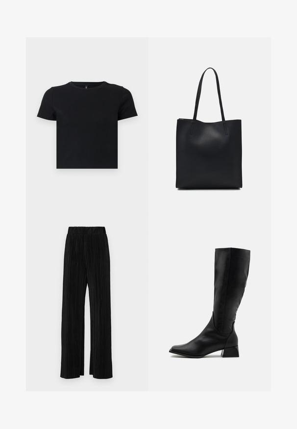 Must musta särk lühikeste varrukatega, valmistatud pehmest puuvillast. Omab ümarat kaelust ja kergelt liibuvat disaini. Sile tekstuur ilma mustrite või aksessuaarideta.; Mustad pleekitud püksid elastse vöökohtaga. Omavad laiad jalad ja sujuvat, tekstureeritud kangast vertikaalsete triipudega.; Mustad, põlvekõrgused mustad saapad, mis on valmistatud siledast nahast, ümarate varvastega, tagasihoidliku kontsaga ja läikiva, peene disainiga ilma kaunistusteta.; Mustast nahast kott sujuva tekstuuriga, ristkülikukujuline ja kahe pika sangaga. Pole nähtavat riistvara ega kaunistusi.