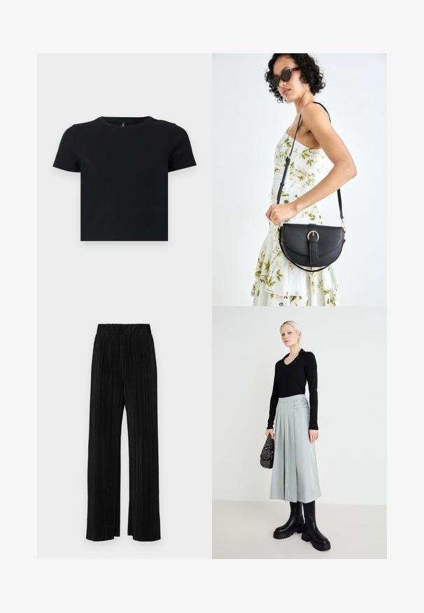 Černé tričko s krátkým rukávem vyrobené z jemné bavlny. Má kulatý výstřih a těsně přiléhající střih. Hladká textura bez vzorů nebo akcentů.; Černé plisované kalhoty s elastickým pasem. Mají široké nohavice a hladkou, strukturovanou tkaninu s vertikálními pruhy.; Černý dlouhý rukáv top, světle šedá plisovaná sukně s detaily dvojité spony a černé boty s robustní podrážkou; stříbrná kabelka s ozdobami.; Černá kožená kabelka s křivkovým tvarem, odnímatelným popruhem a zlatými detaily. Kabelka má klopu s přezkou.