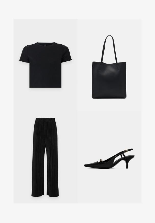 T-shirt noir à manches courtes en coton doux. Avec un col rond et un design ajusté. Texture lisse sans motifs ni détails.; Pantalons plissés noirs avec une taille élastique. Présente des jambes larges et un tissu lisse texturé avec des rayures verticales.; Pompe slingback noire à bout pointu avec un talon courbé bas et une petite boucle dorée sur la sangle avant et la sangle de la cheville.; Sac fourre-tout en cuir noir avec une texture lisse, de forme rectangulaire et deux longues poignées. Pas de matériel ou d'ornementations visibles.
