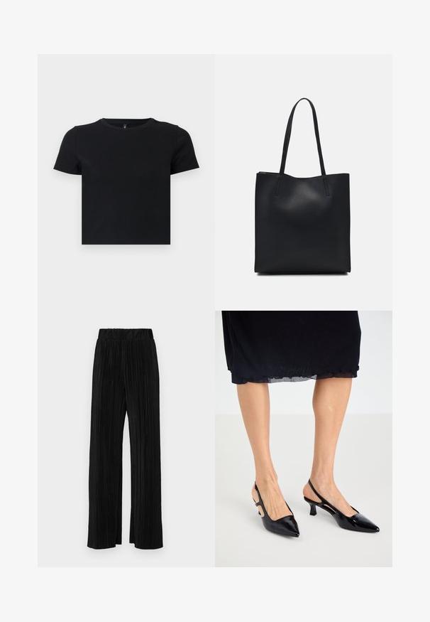 Melnas īsām piedurknēm T-krekls, kas izgatavots no mīkstas kokvilnas. Ievietota apaļa kakla izgriezums un pieguļošs dizains. Gluda tekstūra bez rakstiem vai akcensiem.; Melni plīšu bikses ar elastīgu jostu. Tām ir platākas kājas un gluda, teksturēta auduma ar vertikālām svītrām.; Melnu patentēta āda slingback papēži ar asu purngalu, mazu papēdi un izgriezumu sānos. Gluda tekstūra ar spīdīgu apdari.; Melnas ādas somiņa ar gludu tekstūru, taisnstūra formu un divām garām rokturiem. Nav redzamu aparatūras vai rotājumu.