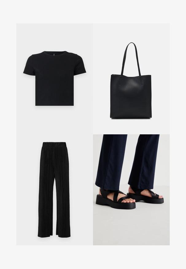 T-shirt nera a maniche corte realizzata in cotone morbido. Presenta un collo rotondo e un design aderente. Texture liscia senza motivi o dettagli.; Pantaloni neri a plissé con vita elasticizzata. Presentano gamba ampia e un tessuto liscio e texture con strisce verticali.; Infradito neri con piattaforma, caratterizzati da ampie cinghie incrociate e una suola spessa. La parte superiore è realizzata in materiale liscio e presenta un design aperto sulla punta.; Borsa tote in pelle nera con texture liscia, forma rettangolare e due manici lunghi. Nessun hardware o decorazione visibile.