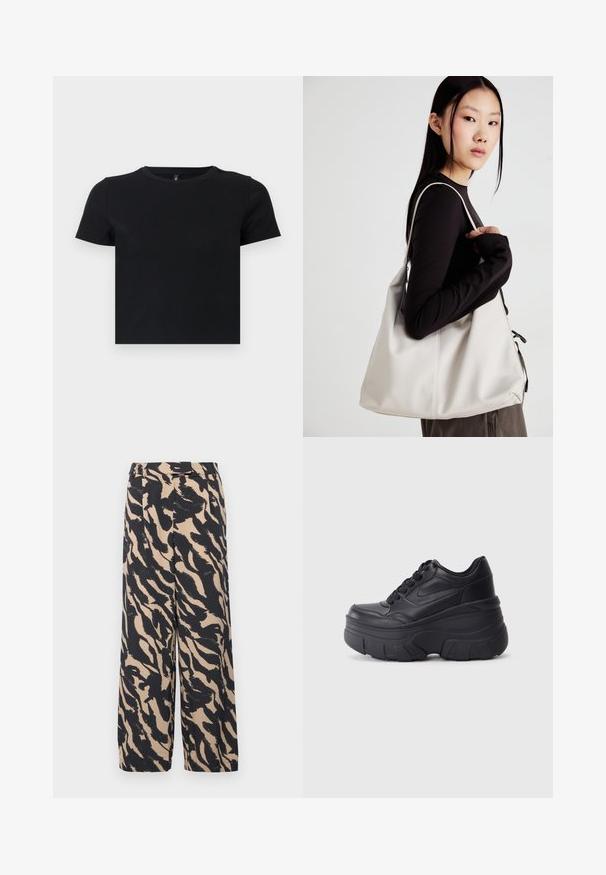 Melnas īsām piedurknēm T-krekls, kas izgatavots no mīkstas kokvilnas. Ievietota apaļa kakla izgriezums un pieguļošs dizains. Gluda tekstūra bez rakstiem vai akcensiem.; ONLY ONLNOVA LIFE ELITE LESLI PANT - Auduma bikses - black; Melni šņorējami sporta apavi ar biezu zoli, ar gludu ādas augšdaļu, noapaļotu purngalu un izteiktu slāņveida platformas dizainu.; Bežs rokassoma, izgatavota no mīksta materiāla, ar brīvu dizainu, izšūtu apdari un divām plecu siksnām. Piemērota ikdienas lietošanai.