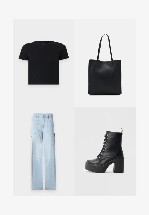 Juoda trumpomis rankovėmis marškinėliai, pagaminti iš švelnios medvilnės. Turi apvalų kaklą ir prigludusį dizainą. Lygi tekstūra be raštų ar akcentų.; Šviesiai mėlynos džinsinės kargo kelnės su tiesiomis kojomis, priekinėmis kišenėmis ir šoninėmis kišenėmis. Audinys turi subtilų išblukusį tekstūrą.; Juodas odinis kulkšninis botas su masyviu padu, raišteliais priekyje ir tekstūruota paviršiumi. Ant jo užpakalinės pusės yra kilpytė, skirta patogiam užsidėjimui.; Juodas odinis tote krepšys su lygia tekstūra, stačiakampio formos ir dviem ilgais rankenomis. Matomų metalinių detalių ar puošybos nėra.