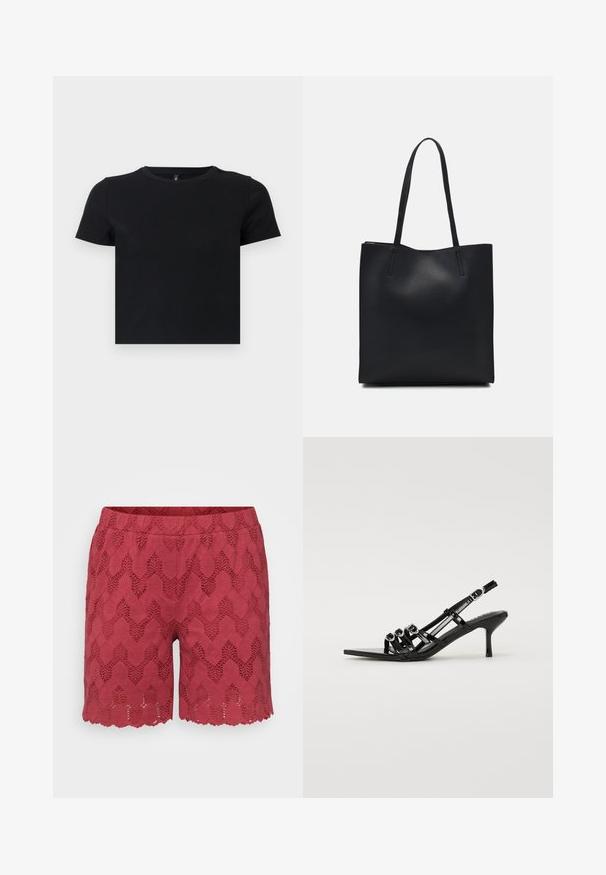 T-shirt preto de manga curta feito de algodão suave. Apresenta um decote redondo e um design ajustado. Textura suave sem padrões ou detalhes.; Calções vermelhos em renda com um padrão em zigzag, apresentando uma bainha scallop e uma cintura elástica para conforto.; Shoe preto de salto alto com atilhos, com bico fino, apresentando várias tiras estreitas e detalhes circulares na parte da frente.; Bolsa tote preta em couro com textura lisa, forma retangular e duas alças longas. Sem hardware ou enfeites visíveis.