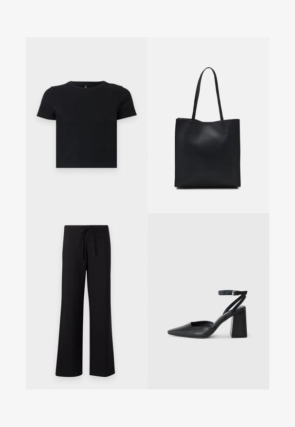Tricou negru cu mânecă scurtă, fabricat din bumbac moale. Dispune de un guler rotund și un design ajustat. Textură netedă, fără modele sau accente.; Pantaloni negri evazați dintr-un material moale, cu talie ajustabilă și textură netedă, concepuți pentru confort și versatilitate.; Pantofii cu toc ascuțit din piele neagră, cu breteaua pentru glezne și toc gros. Textură netedă, design elegant și estetică minimală.; Geantă tote neagră din piele, cu textură netedă, formă rectangulară și două mânere lungi. Fără hardware vizibil sau ornamente.
