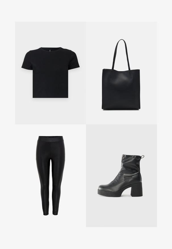Črna majica s kratkimi rokavi, izdelana iz mehke bombažne tkanine. Ima okroglo ovratnico in oprijet kroj. Gladka tekstura brez vzorcev ali dodatkov.; Črne legice z gladko, sijočo teksturo, z širokim elastičnim pasom in ozkim prilegom do gležnjev.; Črne gležnjarje iz gladke kože z božnim zadrgo, masivnim teksturiranim peto in zaobljeno obliko prstov.; Črna usnjena torba s svilnato teksturo, pravokotne oblike in dvema dolgima ročajema. Brez vidnih metalnih delov ali okrasnih elementov.