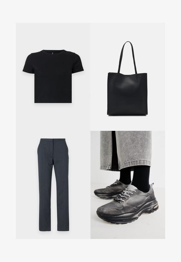 Camiseta negra de manga corta hecha de algodón suave. Presenta un escote redondo y un diseño ajustado. Textura lisa sin patrones ni acentos.; Pantalones azul oscuro con rayas verticales, diseño a medida, textura suave, piernas rectas y cinturilla estándar.; Las zapatillas deportivas en negro y gris cuentan con una parte superior de malla, suelas gruesas y cordones. Tienen una punta redondeada y un detalle de amortiguación visible.; Bolso tote de cuero negro con textura lisa, forma rectangular y dos asas largas. Sin herrajes ni adornos visibles.