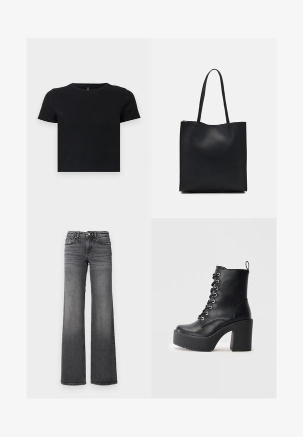 Crna majica s kratkim rukavima napravljena od mekanog pamuka. Ima okrugli izrez i pripijen kroj. Glatka tekstura bez uzoraka ili naglasaka.; Tamne ravne tamnosive traperice s laganim izbljeđivanjem na bedrima i standardnim dizajnom s pet džepova na bijeloj pozadini.; Crne kožne gležnjače s masivnom blok petom, vezanjem sprijeda i teksturiranom površinom. Imaju uzicu straga za lakše oblačenje.; Crna kožna torba za nošenje s glatkom teksturom, pravokutnim oblikom i dvije duge ručke. Nema vidljivih metalnih dijelova ili ukrasa.