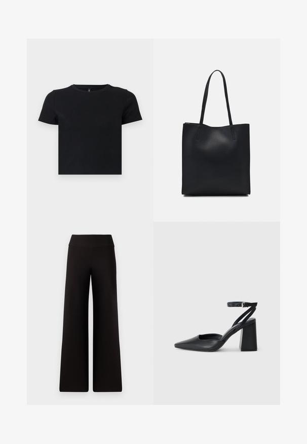 Sort t-shirt med korte ærmer lavet af blødt bomuld. Har en rund halskrave og en tætsiddende pasform. Glat tekstur uden mønstre eller detaljer.; Sorte brede bukser med en glat talje, lavet af et blødt materiale. Har en løs pasform og minimale syninger.; Sort læder spidse pumps med ankelrem og en chunky hæl. Flad tekstur, slankt design og minimalistisk æstetik.; Sort læder tote taske med glat tekstur, rektangulær form og to lange hanke. Ingen synlig hardware eller udsmykninger.