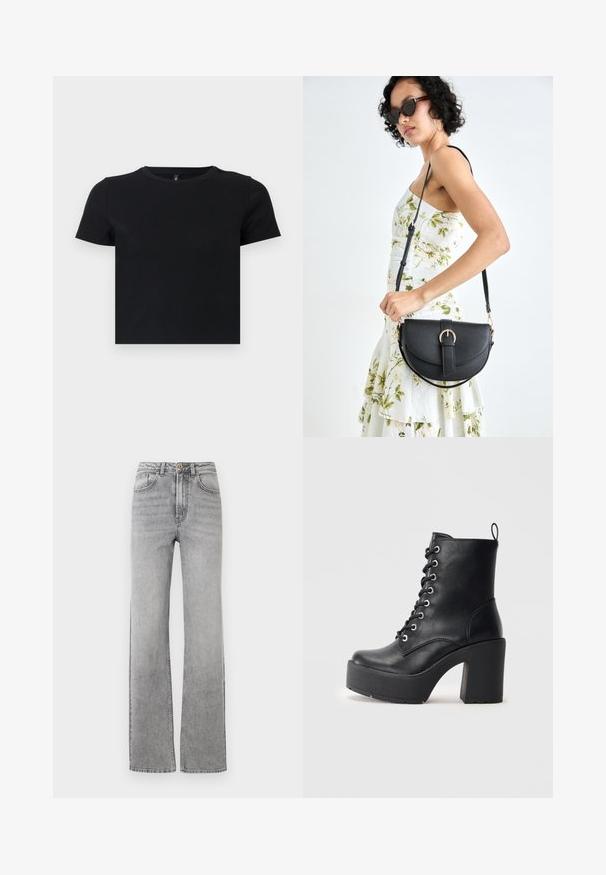 Černé tričko s krátkým rukávem vyrobené z jemné bavlny. Má kulatý výstřih a těsně přiléhající střih. Hladká textura bez vzorů nebo akcentů.; Džíny v šedé barvě s rovnými nohavicemi a vybledlým vzhledem, s knoflíkovým a zipovým zapínáním, předními kapsami a poutky na pásek na bílém pozadí.; Černá kožená kotníčková bota s robustním blokovým podpatkem, šněrováním v přední části a texturovaným povrchem. Obsahuje poutko na zadní straně pro snadné obouvání.; Černá kožená kabelka s křivkovým tvarem, odnímatelným popruhem a zlatými detaily. Kabelka má klopu s přezkou.