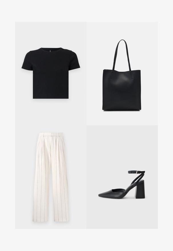 Tricou negru cu mânecă scurtă, fabricat din bumbac moale. Dispune de un guler rotund și un design ajustat. Textură netedă, fără modele sau accente.; Pantaloni largi plisati din material off-white cu dungi verticale subțiri gri. Au talie ajustată și un croi lejer pe picioare.; Pantofii cu toc ascuțit din piele neagră, cu breteaua pentru glezne și toc gros. Textură netedă, design elegant și estetică minimală.; Geantă tote neagră din piele, cu textură netedă, formă rectangulară și două mânere lungi. Fără hardware vizibil sau ornamente.