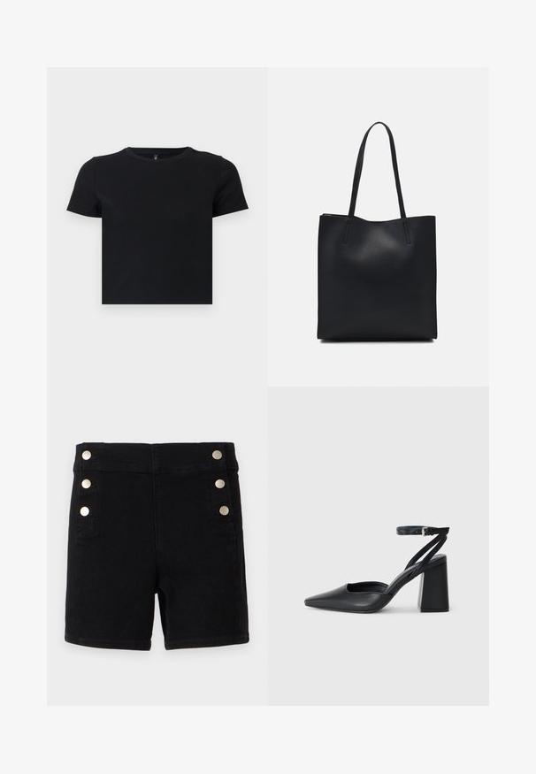 Juoda trumpomis rankovėmis marškinėliai, pagaminti iš švelnios medvilnės. Turi apvalų kaklą ir prigludusį dizainą. Lygi tekstūra be raštų ar akcentų.; Juodos džinsinio audinio šortai su aukštu liemeniu, puošti auksinės spalvos mygtukais šonuose, turintys penkių kišenių dizainą ir tiesų iškirpimą apačioje.; Juoda odinė smailiagalė aukštakulnio bateliai su kulkšnies dirželiu ir storu kulnu. Lygus paviršius, elegantiškas dizainas ir minimalistiška estetinė. ; Juodas odinis tote krepšys su lygia tekstūra, stačiakampio formos ir dviem ilgais rankenomis. Matomų metalinių detalių ar puošybos nėra.