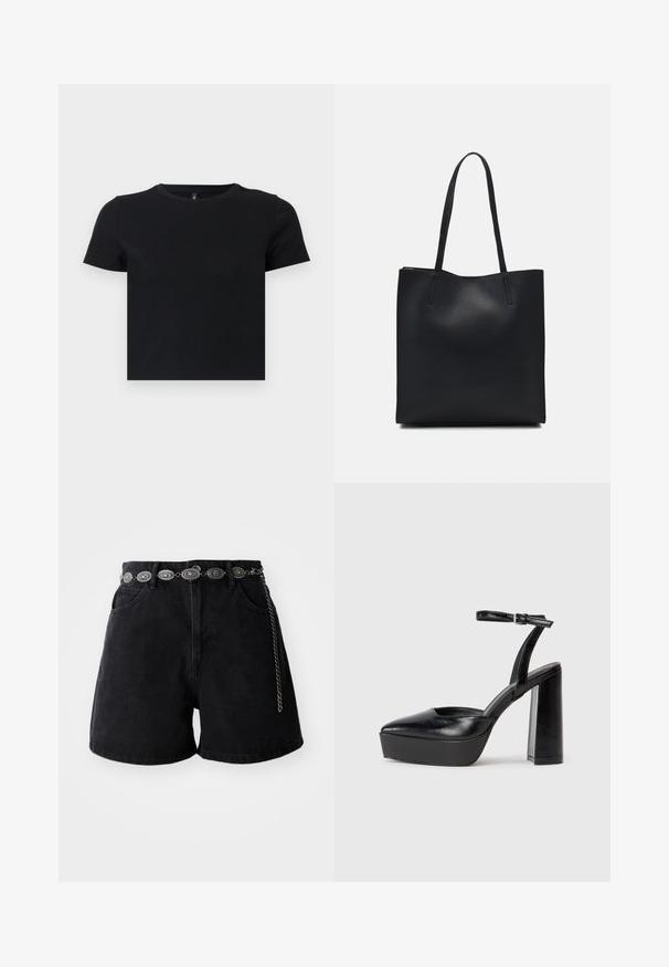 Juoda trumpomis rankovėmis marškinėliai, pagaminti iš švelnios medvilnės. Turi apvalų kaklą ir prigludusį dizainą. Lygi tekstūra be raštų ar akcentų.; Juodos džinsinės šortai su aukšta juosmens linija, priekinėmis kišenėmis ir dekoratyvia sidabro grandine su ovaliomis detalėmis. Lygus paviršius.; Juodi platforminiai aukšti kulniukai su smailiu kojų pirštu ir reguliuojamu kulkšnies dirželiu. Pagaminti iš lygaus odos, turi masyvų blokinį kulną.; Juodas odinis tote krepšys su lygia tekstūra, stačiakampio formos ir dviem ilgais rankenomis. Matomų metalinių detalių ar puošybos nėra.