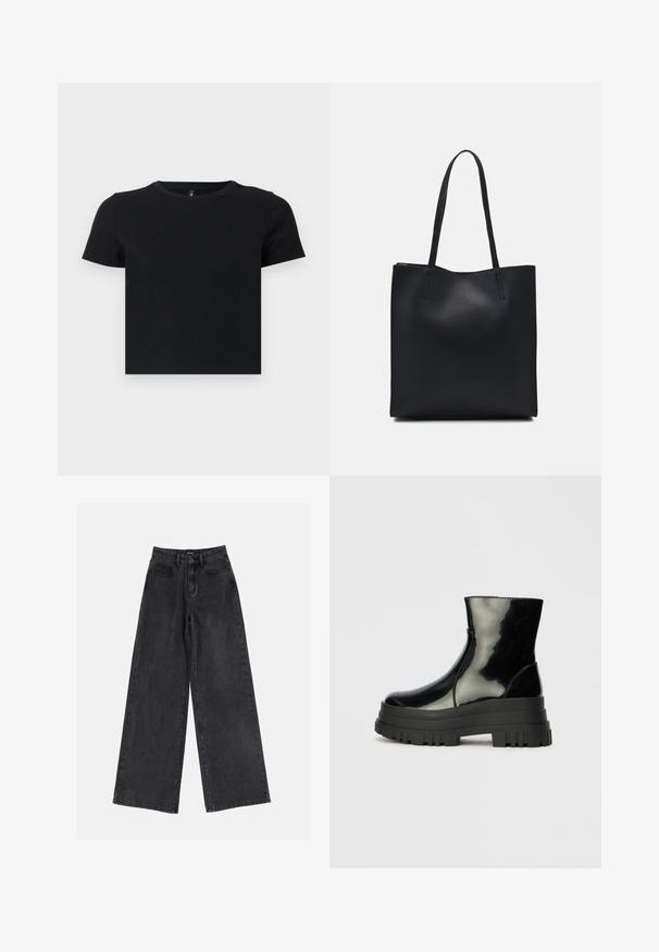Črna majica s kratkimi rokavi, izdelana iz mehke bombažne tkanine. Ima okroglo ovratnico in oprijet kroj. Gladka tekstura brez vzorcev ali dodatkov.; Črne široke denim hlače z visokim pasom, klasičen pet-pocket dizajn in subtilno zbledelo videz. Trpežen material z gladko teksturo.; Črne sijajne gležnjarje z debelim profilom podplata in zaobljenim nosom, stranski pogled na enostavni svetlo sivi ozadju.; Črna usnjena torba s svilnato teksturo, pravokotne oblike in dvema dolgima ročajema. Brez vidnih metalnih delov ali okrasnih elementov.