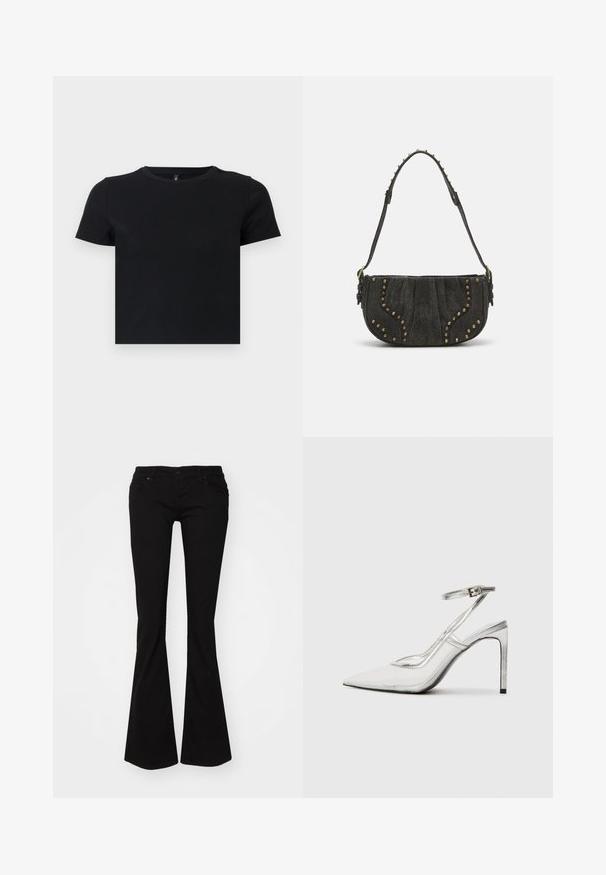 Camiseta negra de manga corta hecha de algodón suave. Presenta un escote redondo y un diseño ajustado. Textura lisa sin patrones ni acentos.; Jeans negros de corte acampanado fabricados en denim, con cremallera, cinco bolsillos y una cintura ajustada que se amplía hacia un dobladillo acampanado en los tobillos.; Zapato de tacón stilettos transparente con punta afilada, material transparente, detalles metálicos en plata y correa ajustable en el tobillo.; Bolso de piel de ante negro con un diseño curvado, que presenta acentos de remaches y una superficie texturizada. Correa ajustable con detalles de tachuelas a lo largo del borde.
