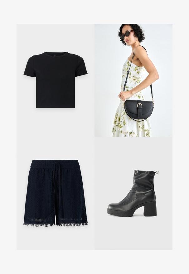Sort t-shirt med korte ærmer lavet af blødt bomuld. Har en rund halskrave og en tætsiddende pasform. Glat tekstur uden mønstre eller detaljer.; Mørkeblå shorts lavet af hæklede stoffer med et struktureret mønster og blondekant i forneden. Elastisk taljebånd med snøre.; Sorte ankelstøvler lavet af glat læder, med en sidelukning, kraftig struktureret hæl og rundt tådesign.; Sort læderhåndtaske med en buet form, aftagelig rem og guldfinish. Tasken har en klap med en spænde detalje.