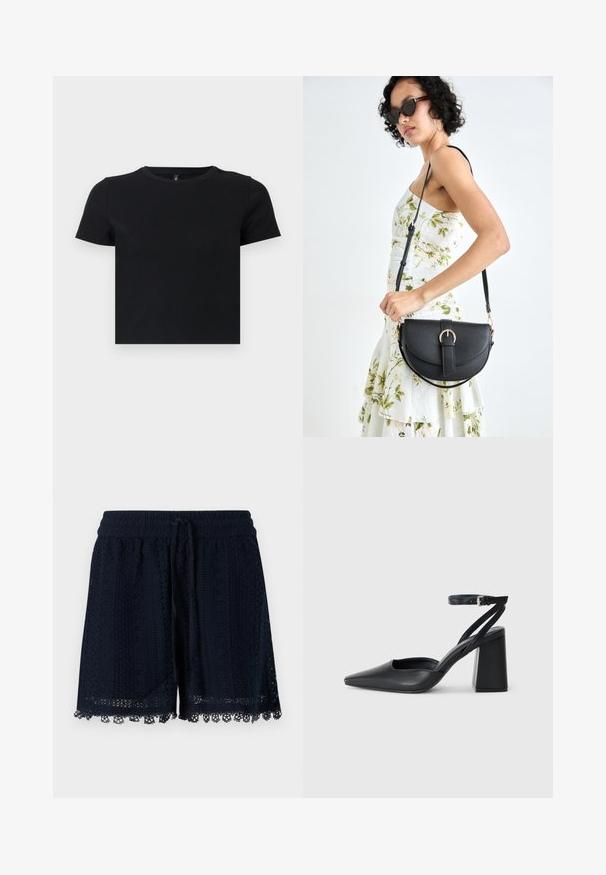 T-shirt noir à manches courtes en coton doux. Avec un col rond et un design ajusté. Texture lisse sans motifs ni détails.; Shorts bleu marine en tissu crocheté avec un motif texturé et une bordure en dentelle à l'ourlet. Taille élastique avec cordon de serrage.; Escarpin noir en cuir à bout pointu avec une bride de cheville et un talon épais. Texture lisse, design élégant et esthétique minimaliste.; Sac à main en cuir noir avec une forme courbée, bandoulière amovible et des accessoires en or. Le sac est doté d'un rabat avec un détail de boucle.