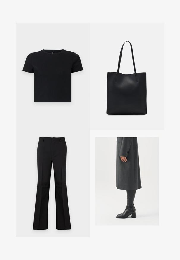 Čierne tričko s krátkym rukávom vyrobené z mäkkého bavlneného materiálu. Má okrúhly výstrih a priliehavý strih. Hladká textúra bez vzorov alebo akcentov.; Čierne rozšírené nohavice z hladkej tkaniny, s plochým predným dielom, bočnými vreckami a klasickým pásom so slučkami na opasok.; Sivý, strihovo upravený kabát so rovnými líniami; doplnený o čierne kožené čižmy po kolená s štvorcovou špičkou a robustným podpätkom.; Čierna kožená taška na rameno s hladkým povrchom, obdĺžnikovým tvarom a dvoma dlhými uchami. Bez viditeľného kovania alebo ozdôb.