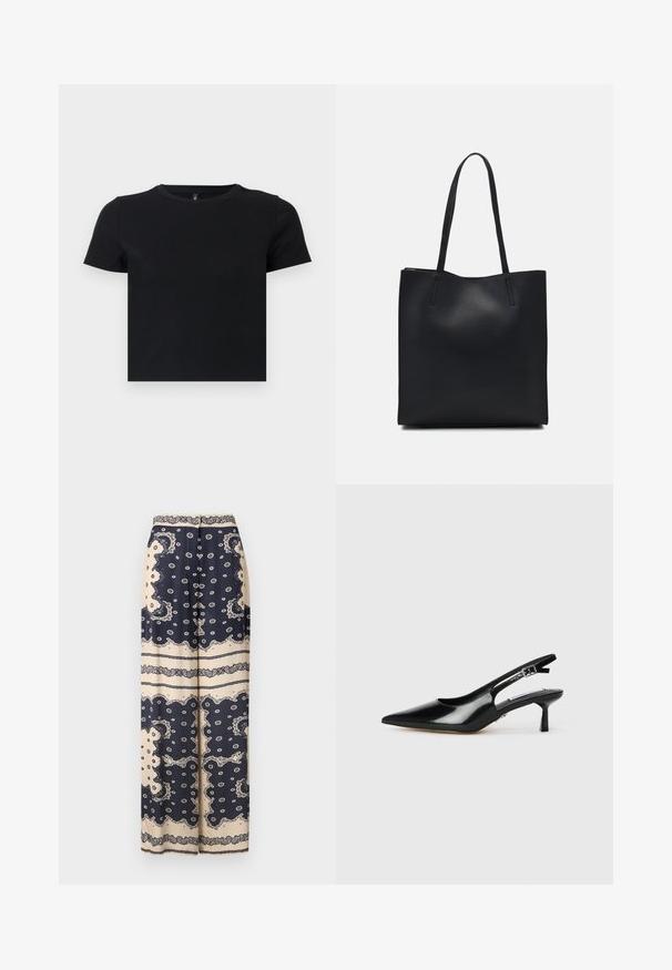 T-shirt nera a maniche corte realizzata in cotone morbido. Presenta un collo rotondo e un design aderente. Texture liscia senza motivi o dettagli.; Pantaloni lunghi e larghi di colore blu navy con motivo paisley crema; presentano una vita a bande e bottoni decorativi davanti. Tessuto dal tocco liscio.; Decolleté in vernice nera con punta affusolata, tacco sottile e cinturino regolabile. Texture liscia con dettagli minimi.; Borsa tote in pelle nera con texture liscia, forma rettangolare e due manici lunghi. Nessun hardware o decorazione visibile.