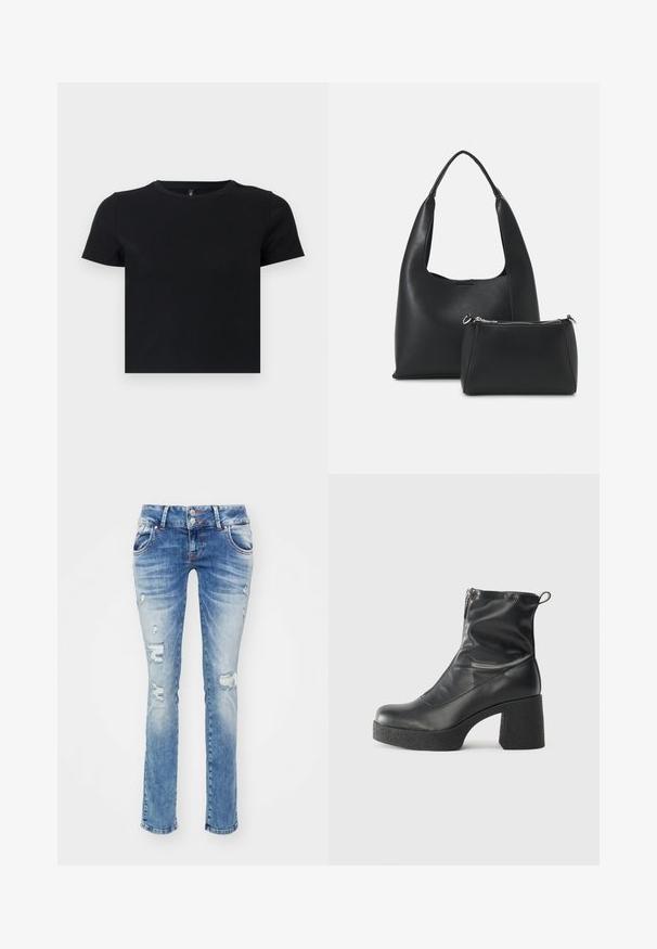 T-shirt preto de manga curta feito de algodão suave. Apresenta um decote redondo e um design ajustado. Textura suave sem padrões ou detalhes.; Jeans azuis claros feitos de denim, com um design de perna reta, detalhes desgastados e dois fechos de botão na cintura.; Botas de tornozelo pretas feitas de couro liso, com fecho lateral, salto grosso texturizado e design de bico arredondado.; Even&Odd Mala de mão - black