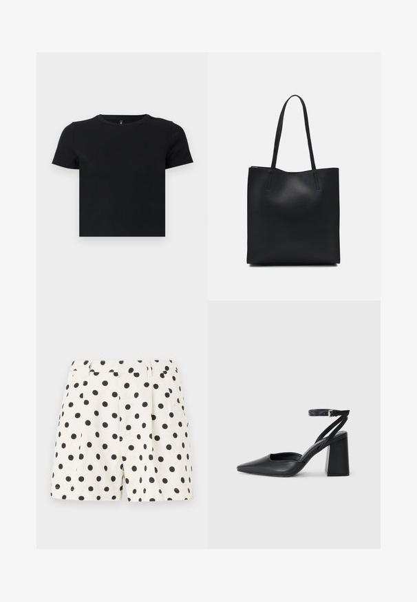 Sort t-shirt med korte ærmer lavet af blødt bomuld. Har en rund halskrave og en tætsiddende pasform. Glat tekstur uden mønstre eller detaljer.; Hvide shorts lavet af hør med et sort prikmønster. Har plisseringer og sidelommer. Tætsiddende talje med en ren finish.; Sort læder spidse pumps med ankelrem og en chunky hæl. Flad tekstur, slankt design og minimalistisk æstetik.; Sort læder tote taske med glat tekstur, rektangulær form og to lange hanke. Ingen synlig hardware eller udsmykninger.