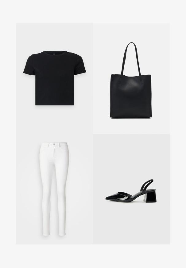 T-shirt preto de manga curta feito de algodão suave. Apresenta um decote redondo e um design ajustado. Textura suave sem padrões ou detalhes.; Jeans brancos justos feitos de uma mistura de algodão elástico, com bolsos frontais, fecho éclair e um único botão de fecho.; Sandy em verniz preto com salto slingback, ponta afilada e salto geométrico. Apresenta um design elegante e minimalista com textura suave.; Bolsa tote preta em couro com textura lisa, forma retangular e duas alças longas. Sem hardware ou enfeites visíveis.